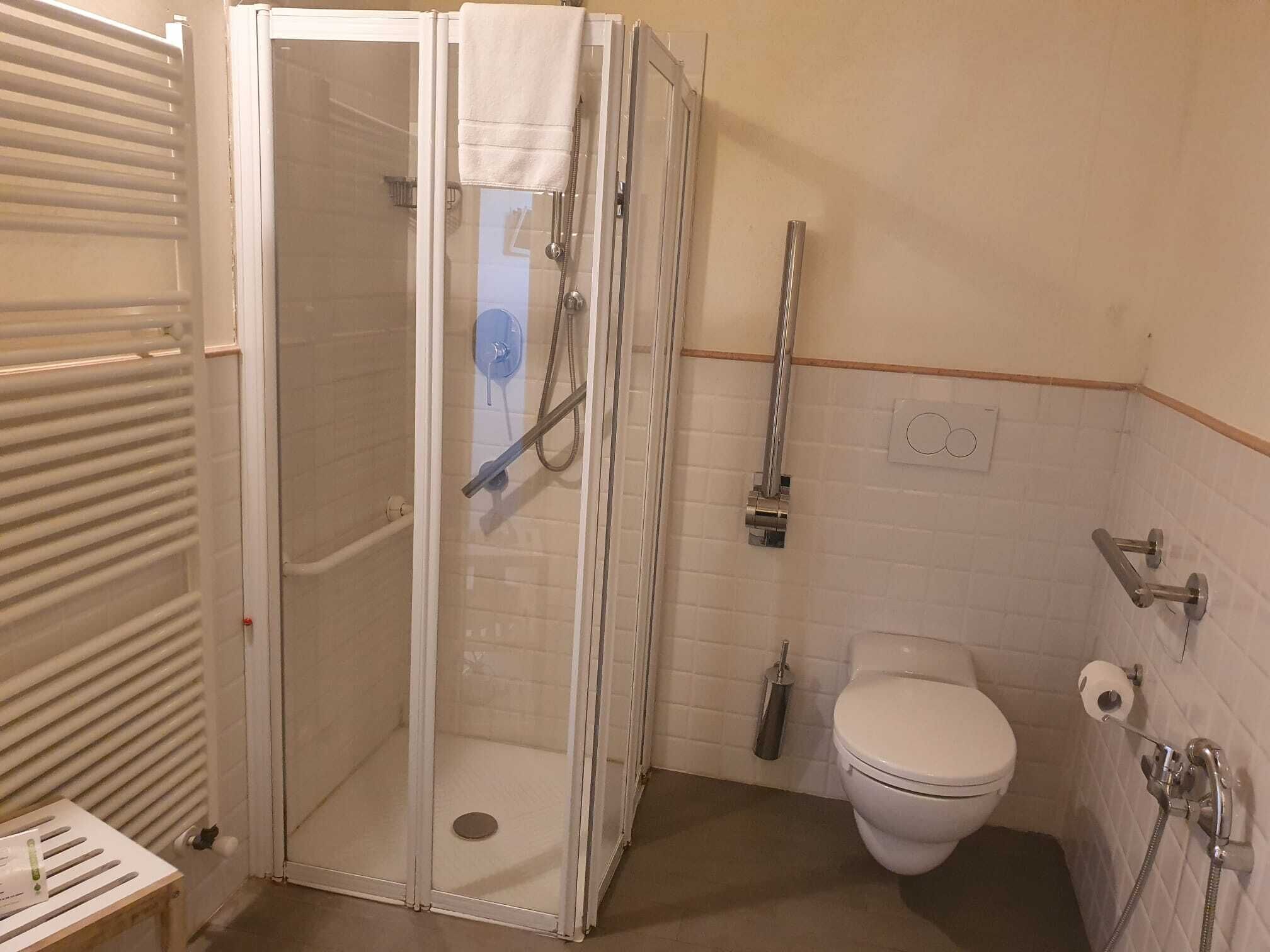 A bathroom with a glass-enclosed shower, a toilet, and a bidet.
