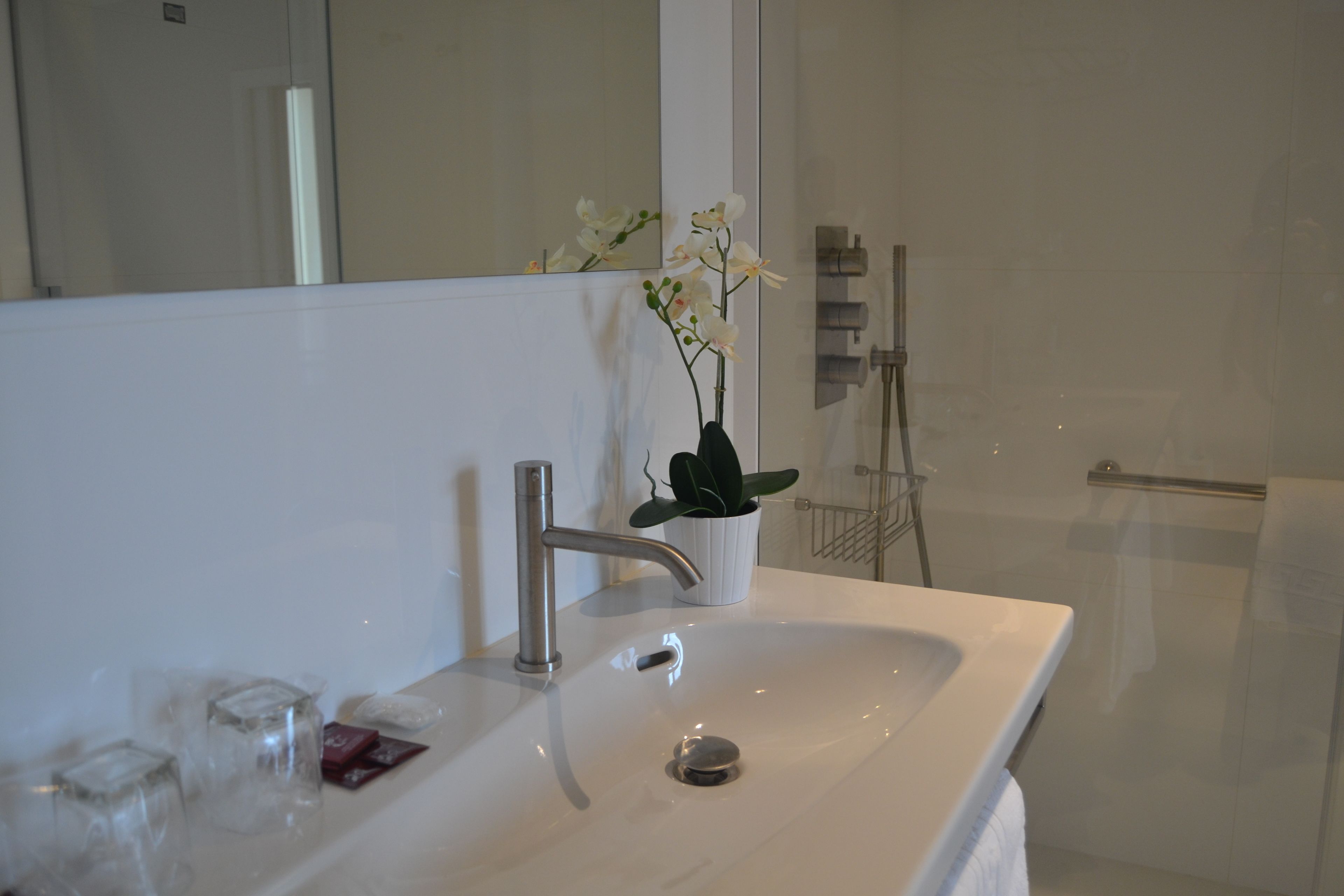A modern bathroom with a white sink, a mirror, and a potted orchid.
