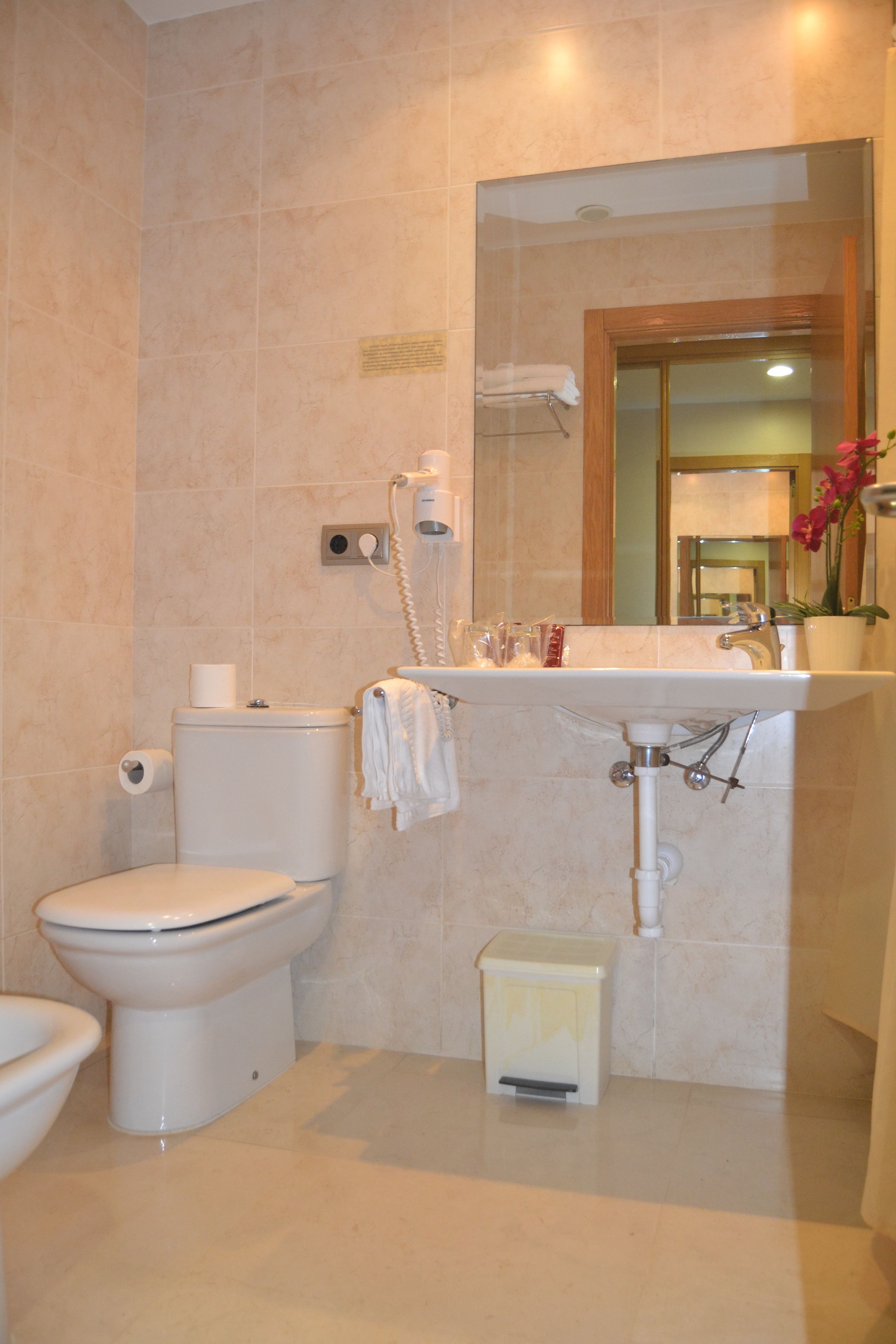 Une salle de bain avec des toilettes, un lavabo et un miroir.
