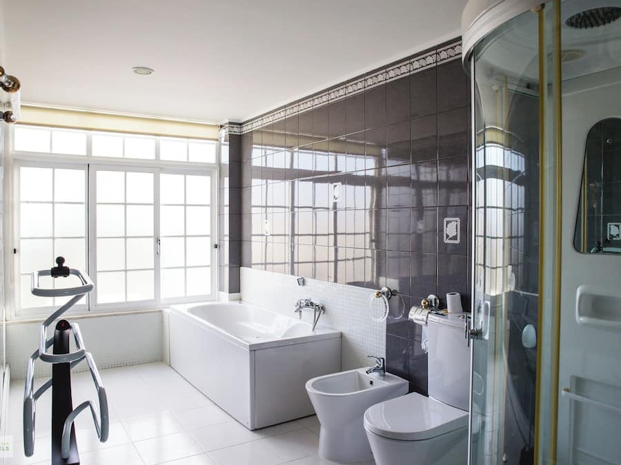 Hair dryer, towels, soap, toilet paper