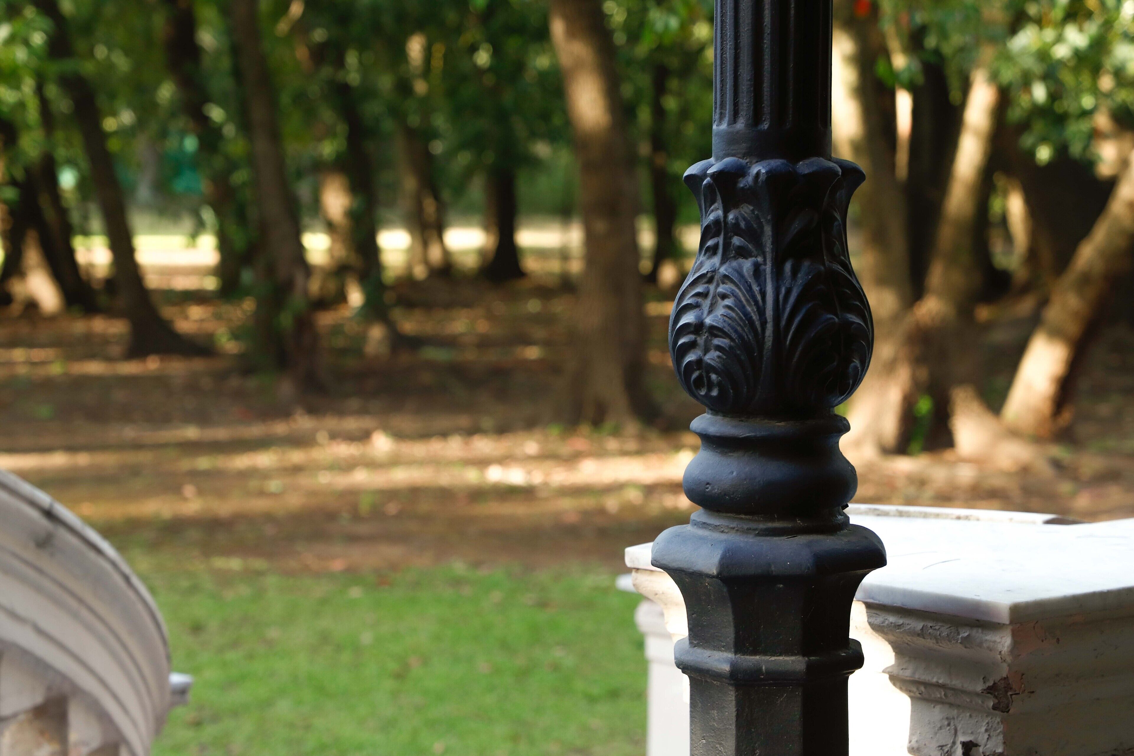 A close-up of a black balustrade with ornate detailing, set against a backdrop of a park with trees and a grassy area.