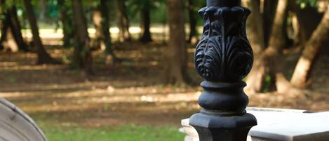 A close-up of a black balustrade with ornate detailing, set against a backdrop of a park with trees and a grassy area.