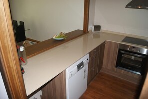 Full-sized fridge, microwave, oven, stovetop