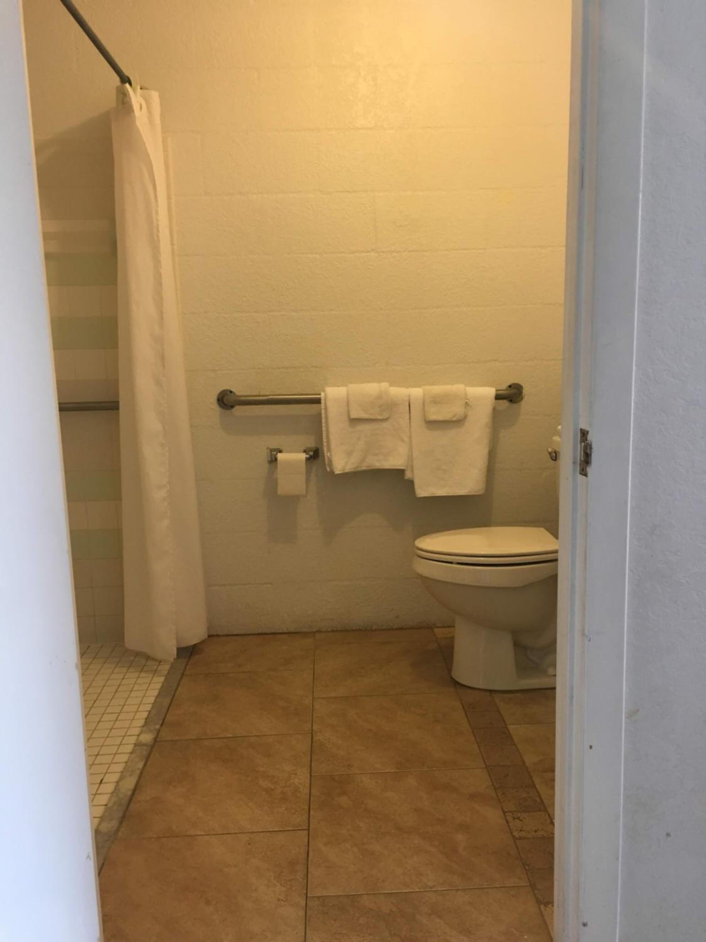 Une petite salle de bain propre, équipée d’une douche, de toilettes et d’un porte-serviettes.