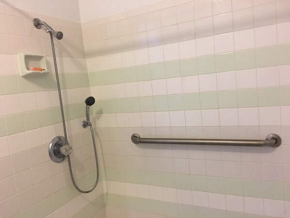 Zona de ducha con cabezal de ducha de mano, barra de apoyo y jabonera en la pared.