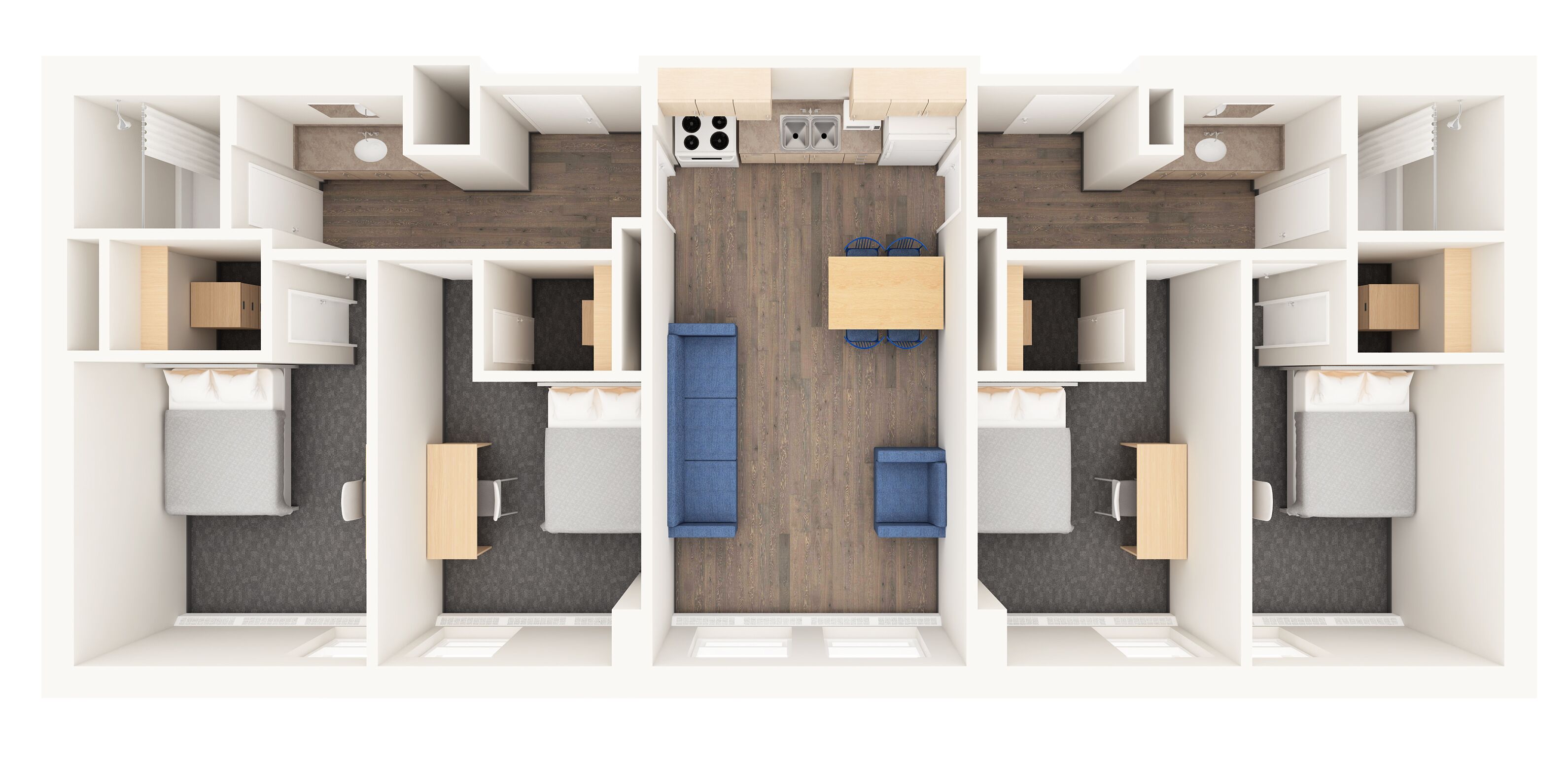 A floor plan of a hotel room with a kitchenette, a dining area, a bathroom, and a bedroom.