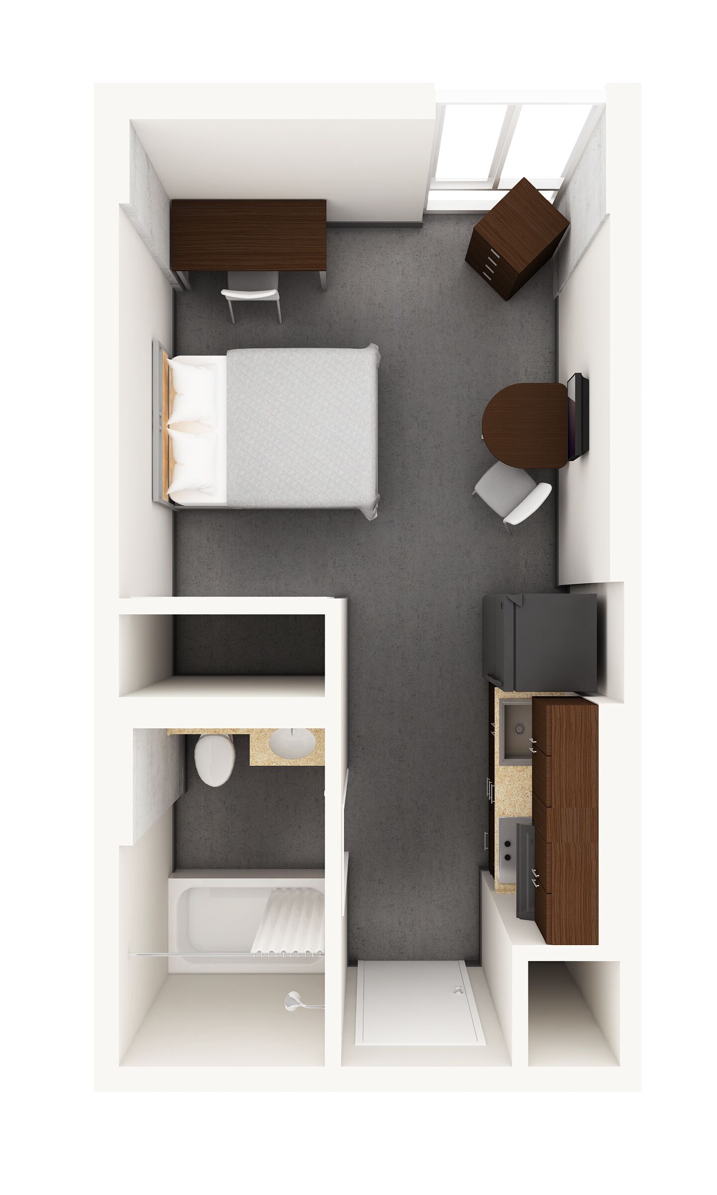 Planta de apartamento de 2 quartos, com banheiro separado, sala de jantar e cozinha pequena.