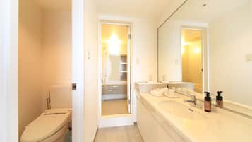 Combined shower/bathtub, deep-soaking bathtub, free toiletries