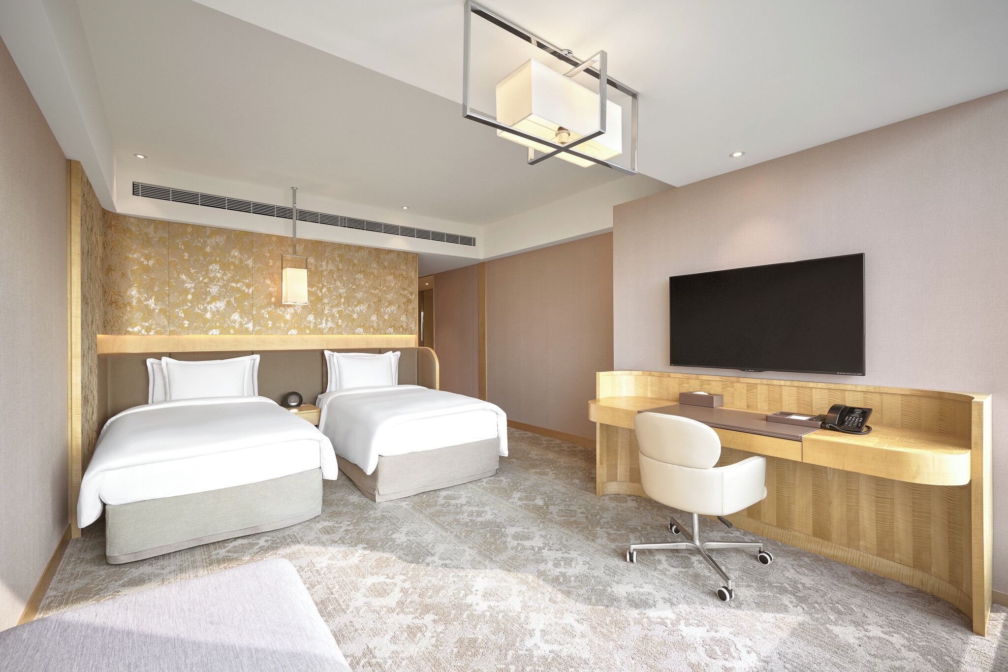 Habitación de hotel con dos camas, un escritorio, una silla, un televisor y una alfombra estampada.