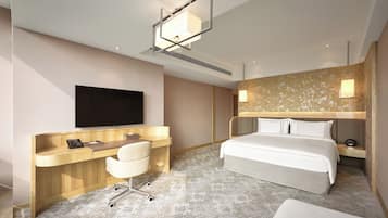 A modern hotel room with a bed, a desk, a chair, a flat-screen TV, and a unique wall design.