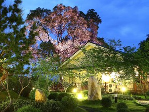 A traditional Japanese-style building with a large cherry blossom tree in the background, surrounded by well-maintained gardens and stone lanterns. - Flying Villa (Puli)