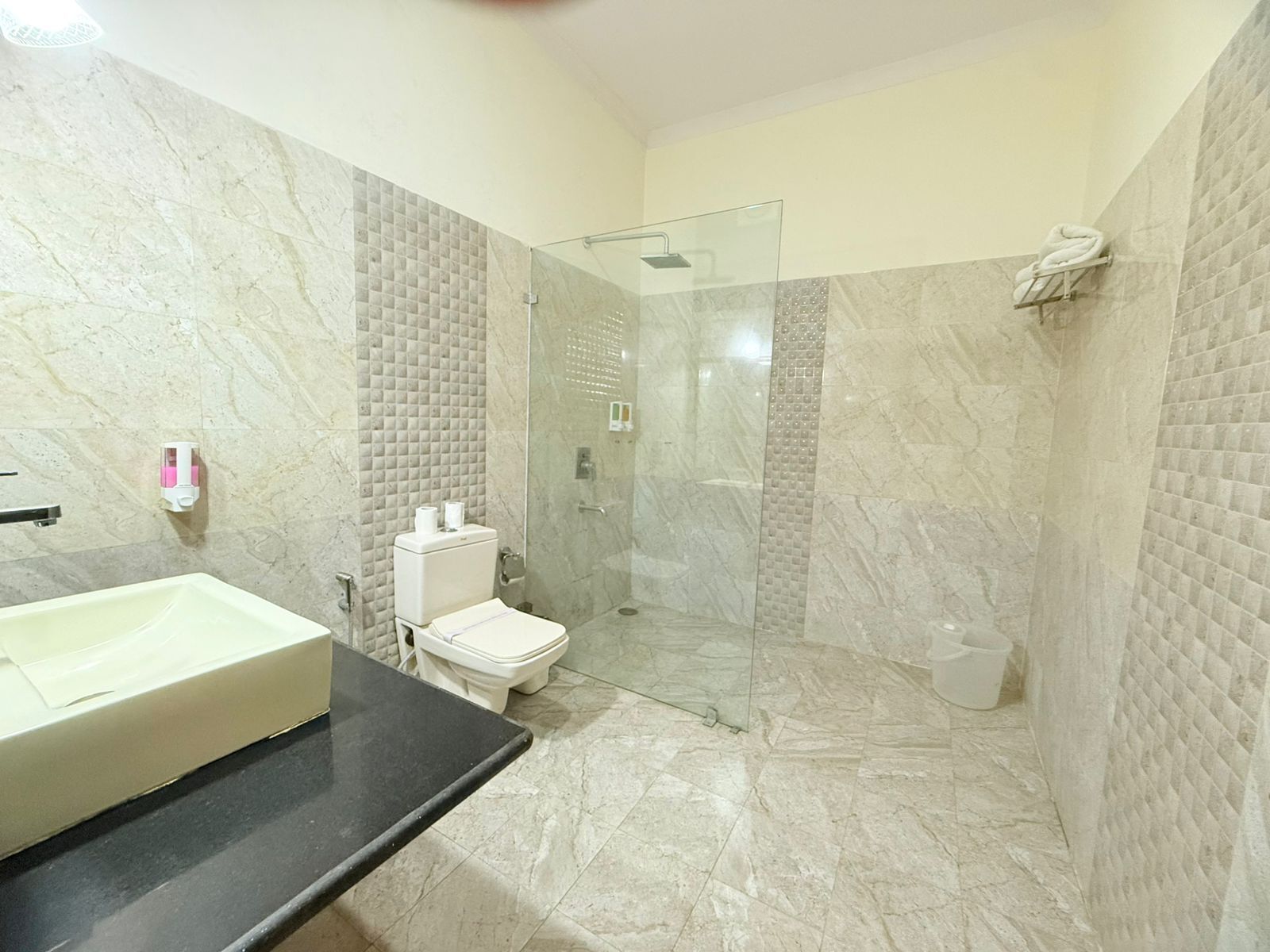 A bathroom with a glass-enclosed shower, a toilet, and a sink with a black countertop.