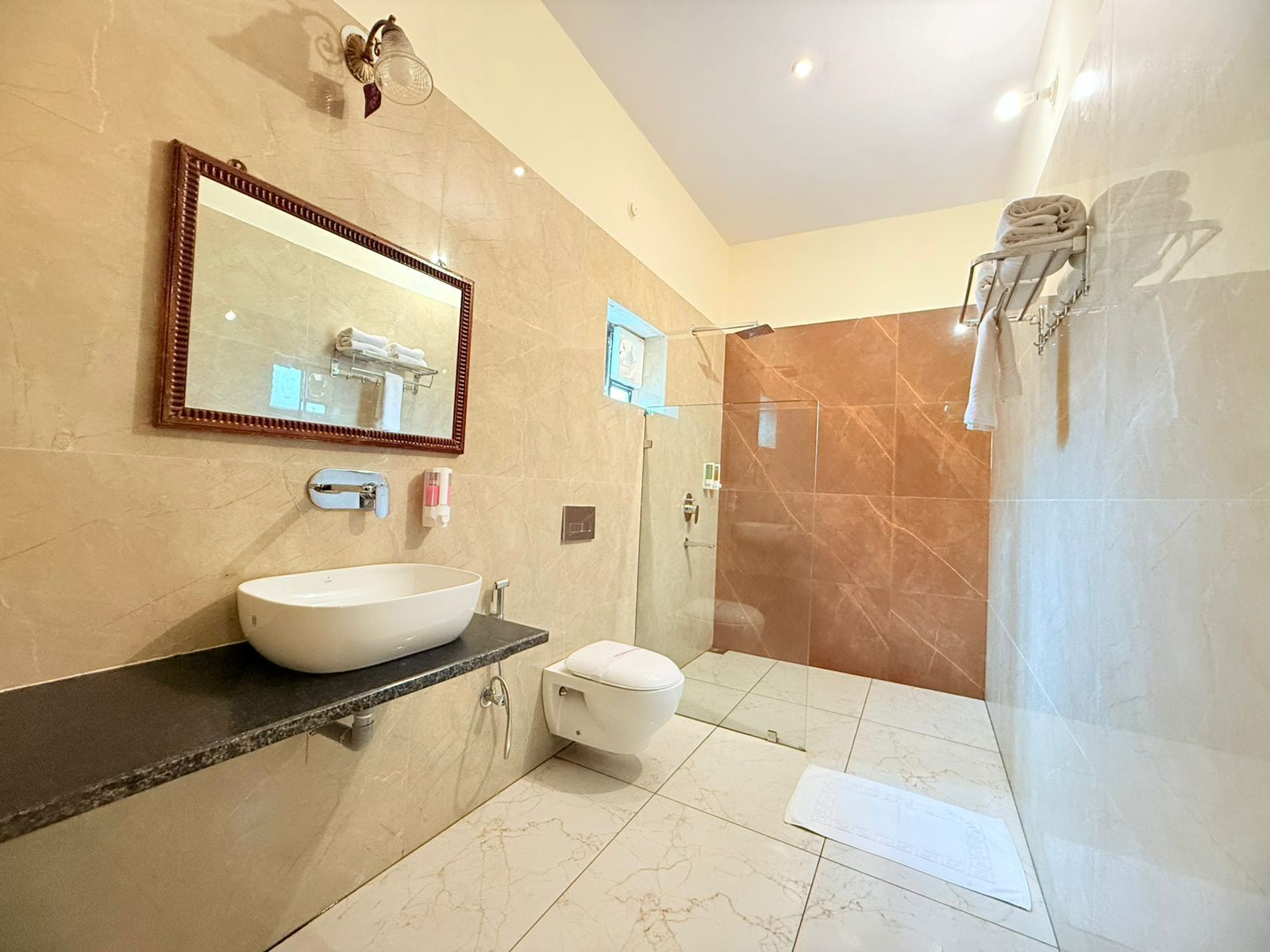 A modern bathroom with a large white sink, a mirror, a toilet, and a glass-enclosed shower.