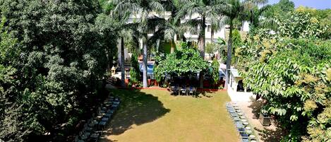 An outdoor seating area with tables and chairs arranged in rows, surrounded by lush greenery and palm trees.