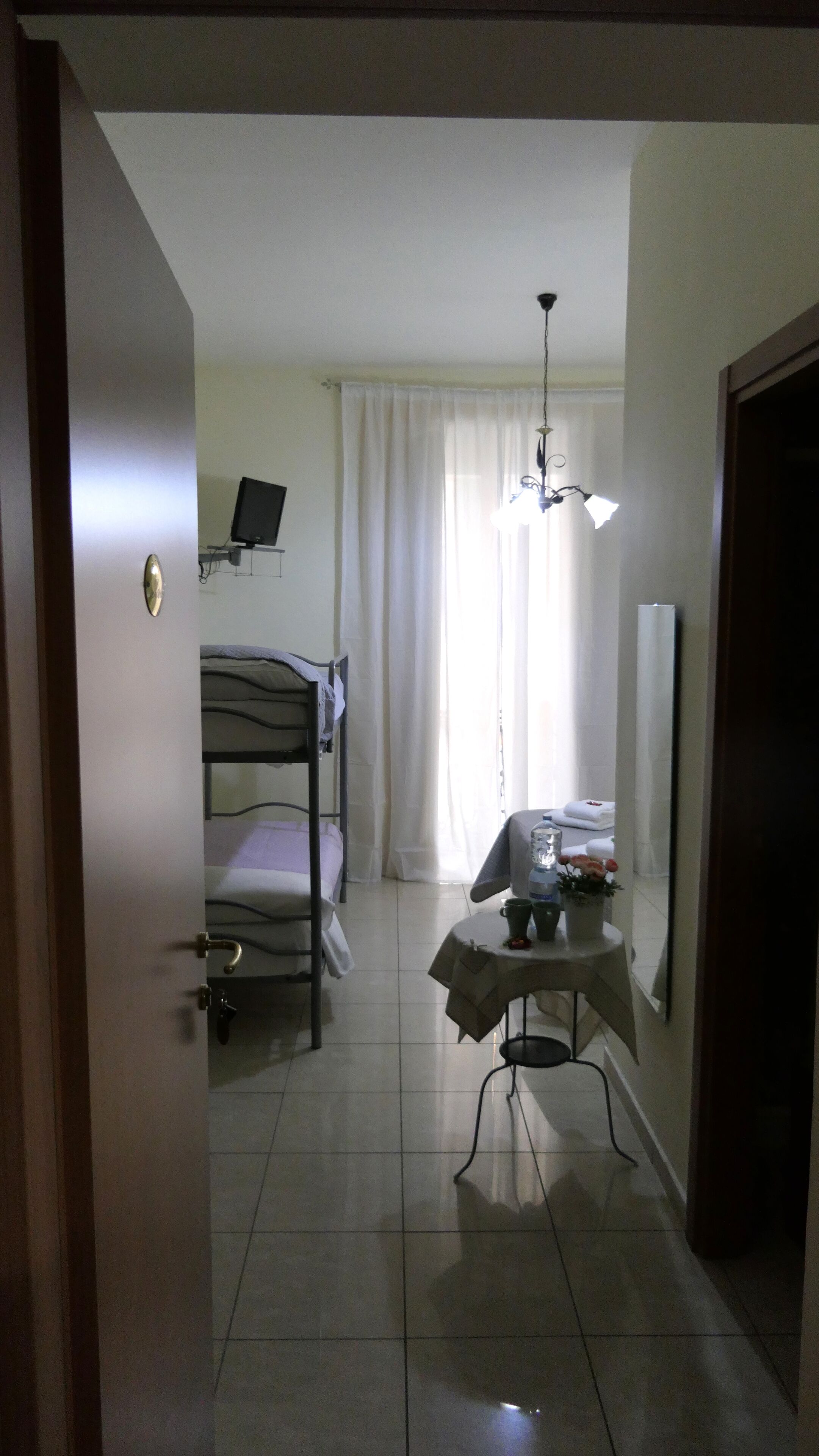 A room with a bunk bed, a small table with cups and a plant, and a TV on a stand.