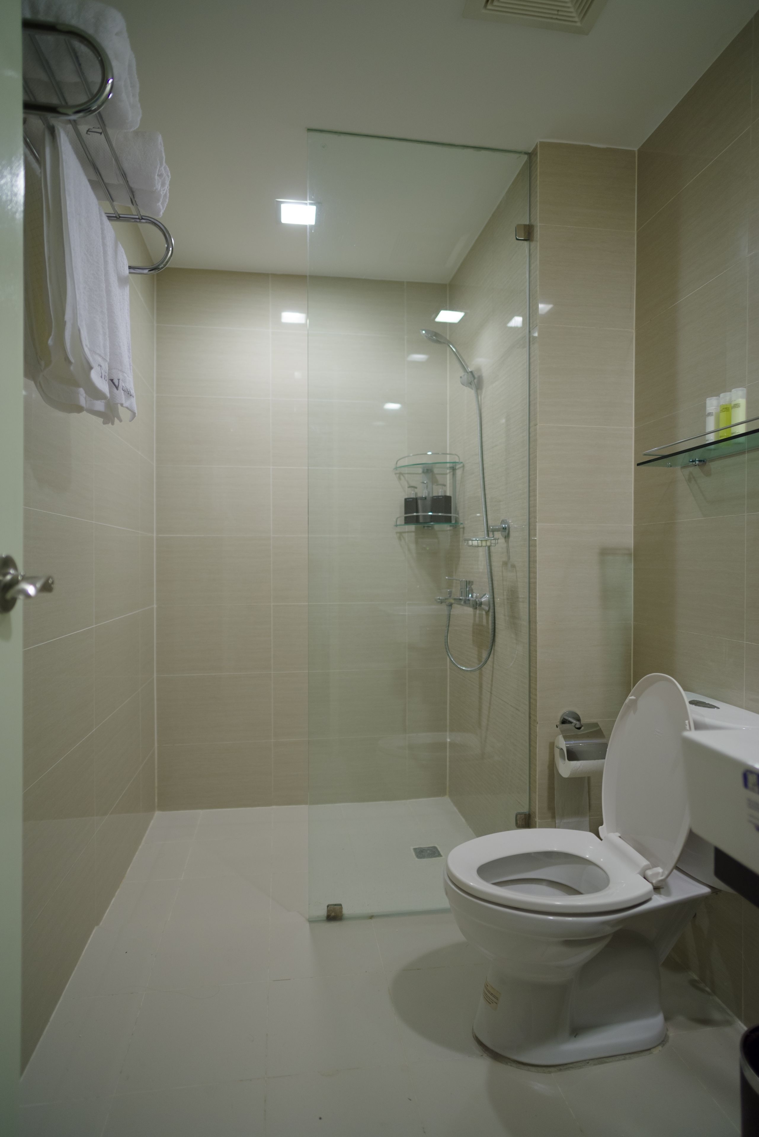Ein Badezimmer mit Toilette, einer gläsernen Dusche und einem Ablagefach für Pflegeprodukte.