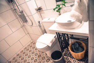 大花洒淋浴喷头、吹风机、坐浴桶、毛巾