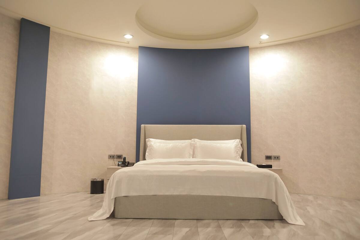 Une chambre à coucher moderne avec un grand lit, une table de chevet et un luminaire fixé au mur.