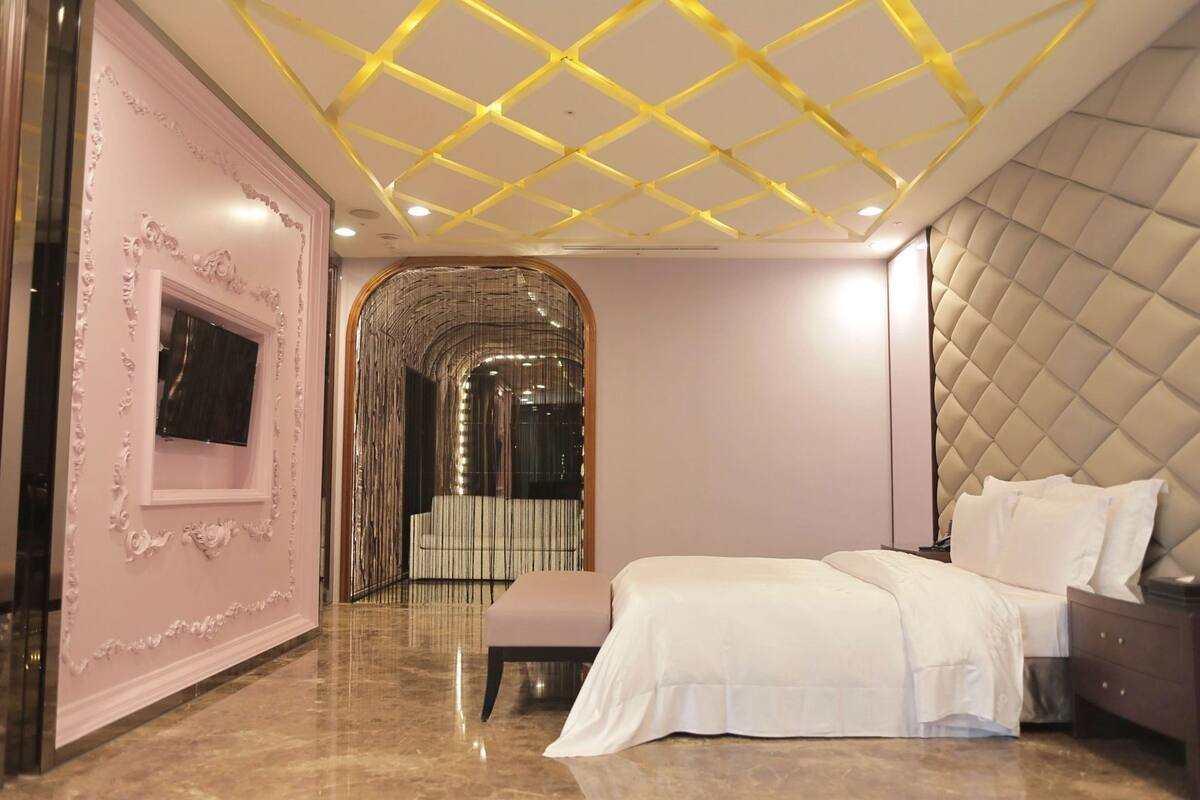 Une chambre à coucher avec un lit, une télévision, un miroir et un plafond décoratif.