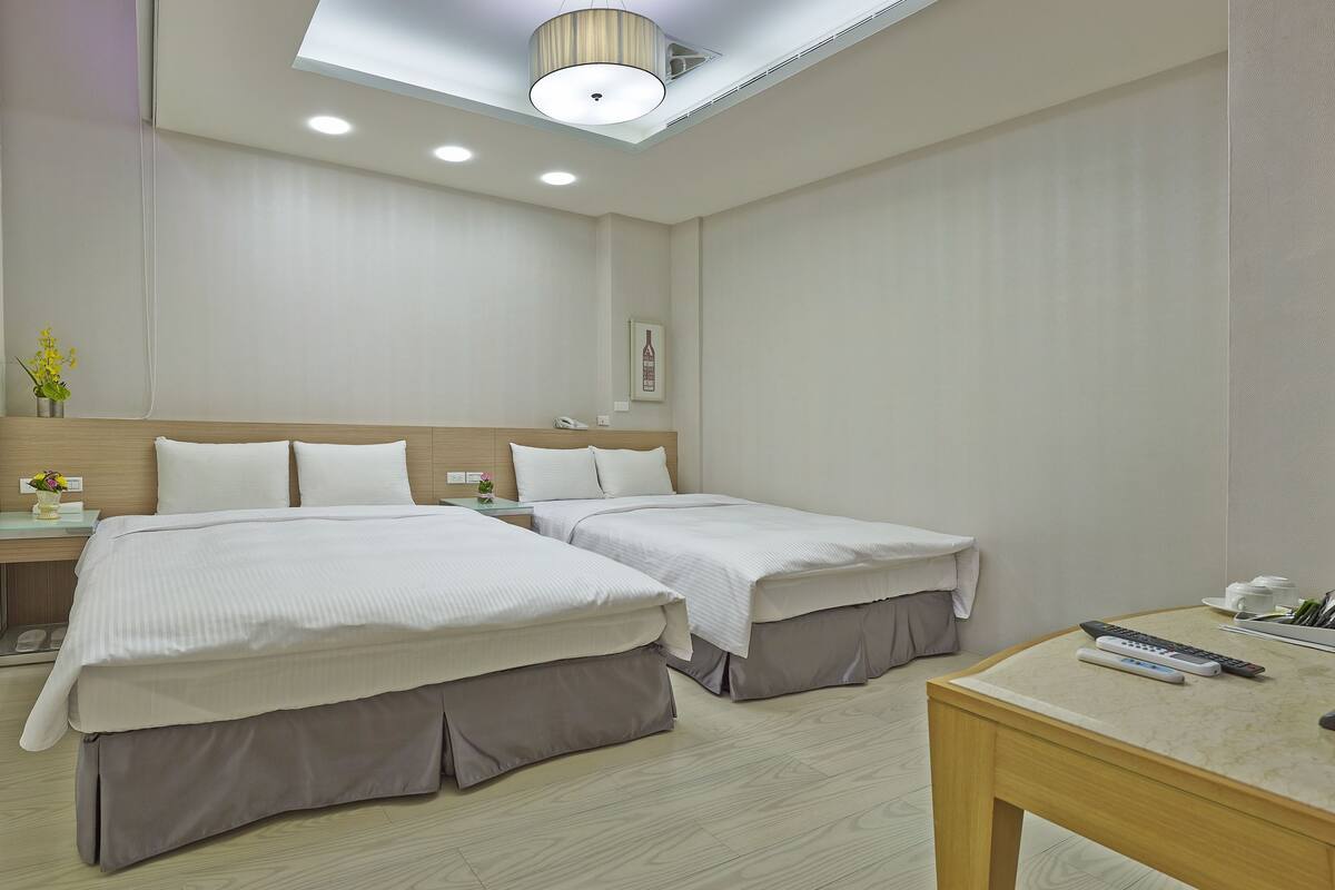 Une chambre d’hôtel avec deux lits, une télévision, un bureau et une petite plante.