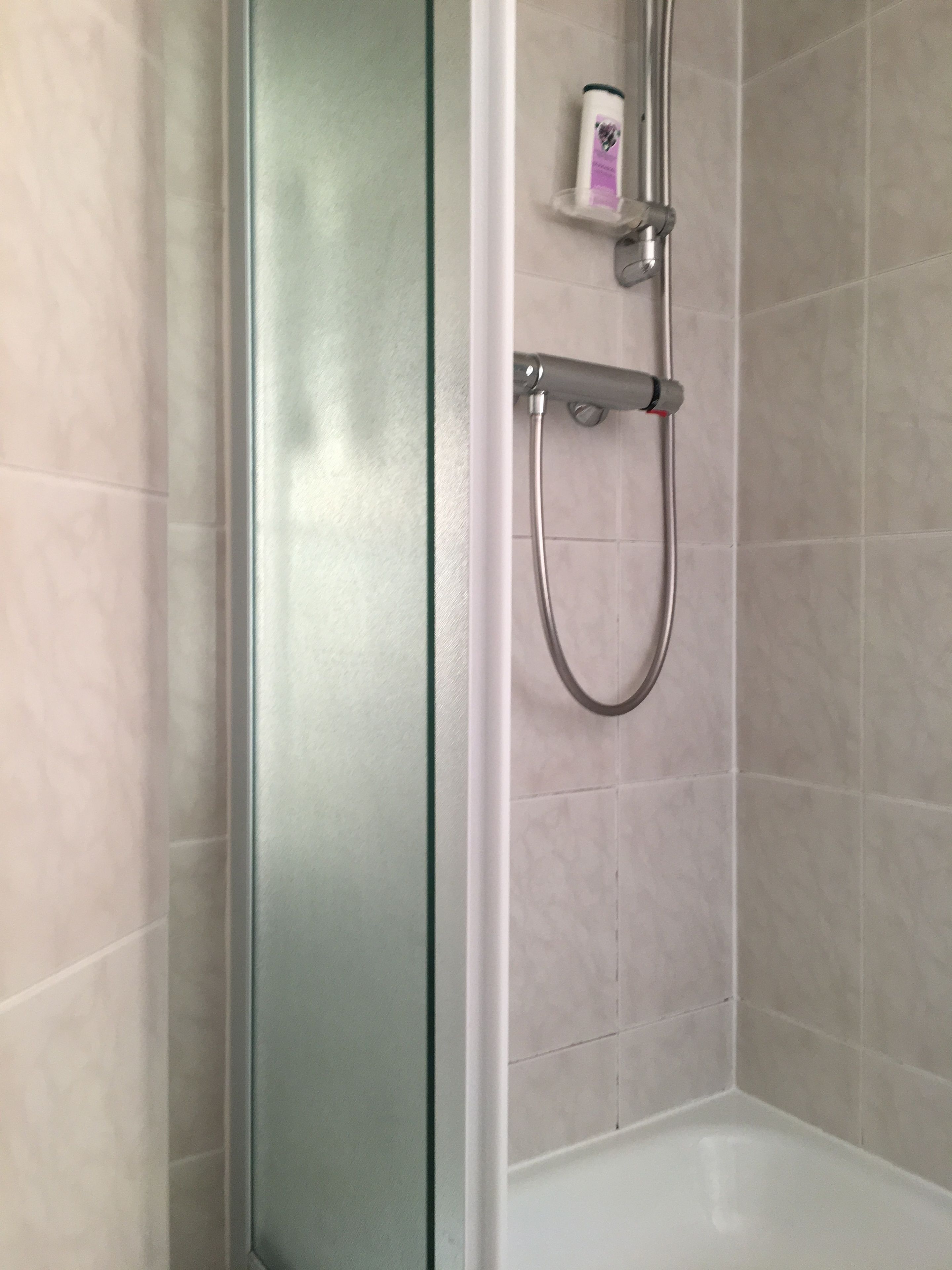 Zona de ducha con mampara de vidrio, ducha de mano y dispensador de jabón en un estante adosado a la pared.