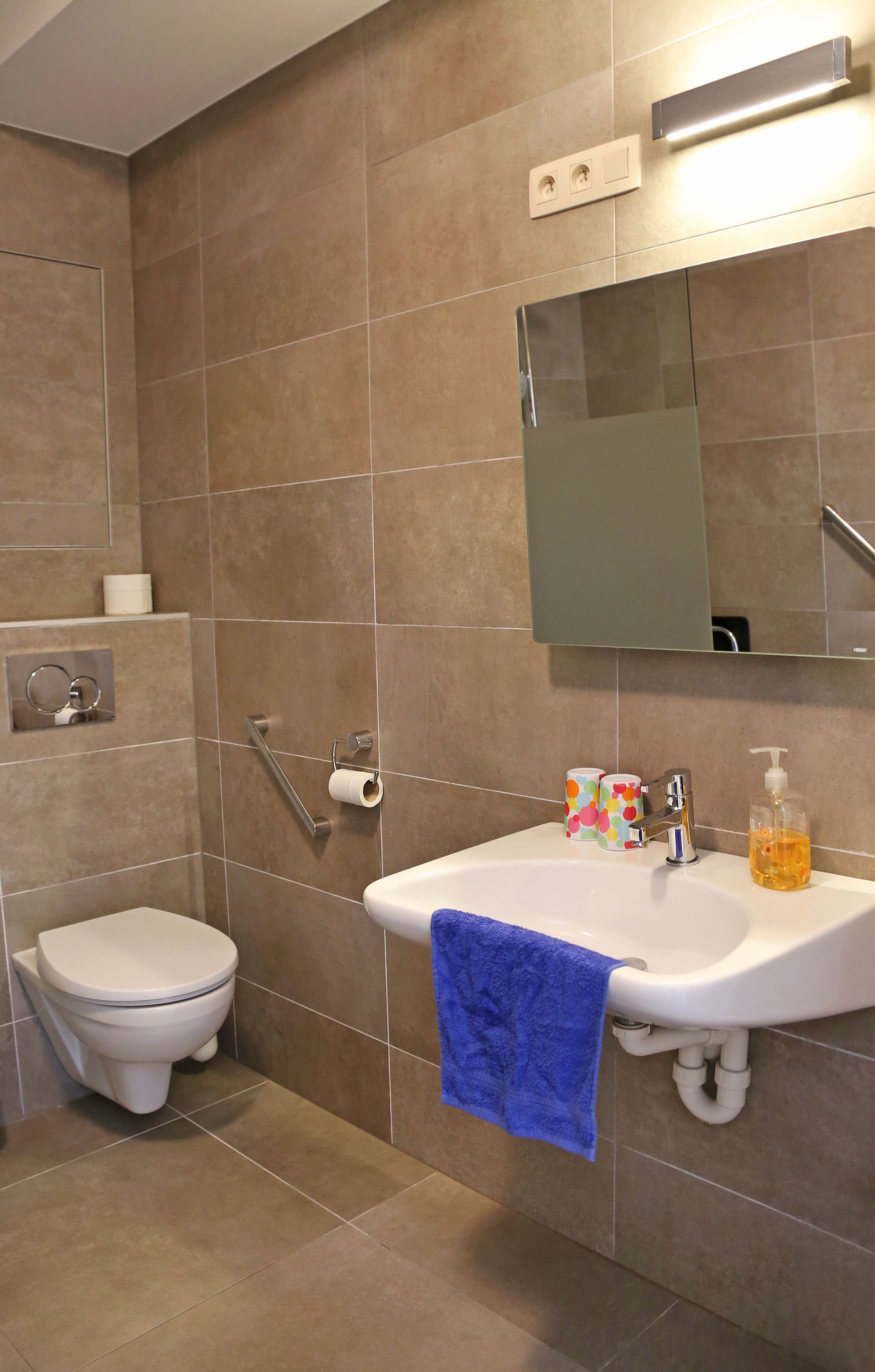 Een badkamer met toilet, wastafel, spiegel, handdoek en wc-papierhouder.