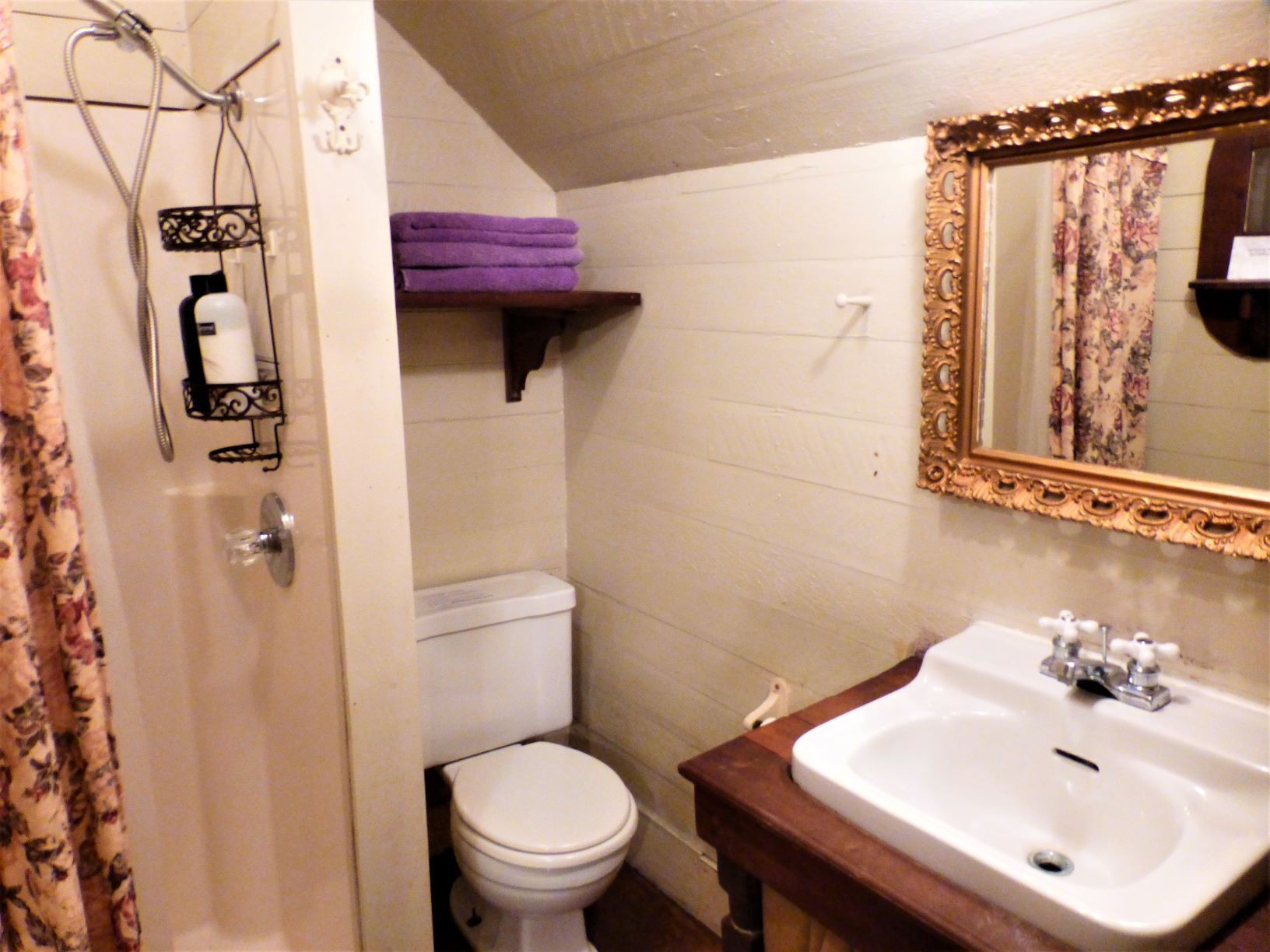 Ein Badezimmer mit Toilette, Waschbecken mit Spiegel und Dusche.