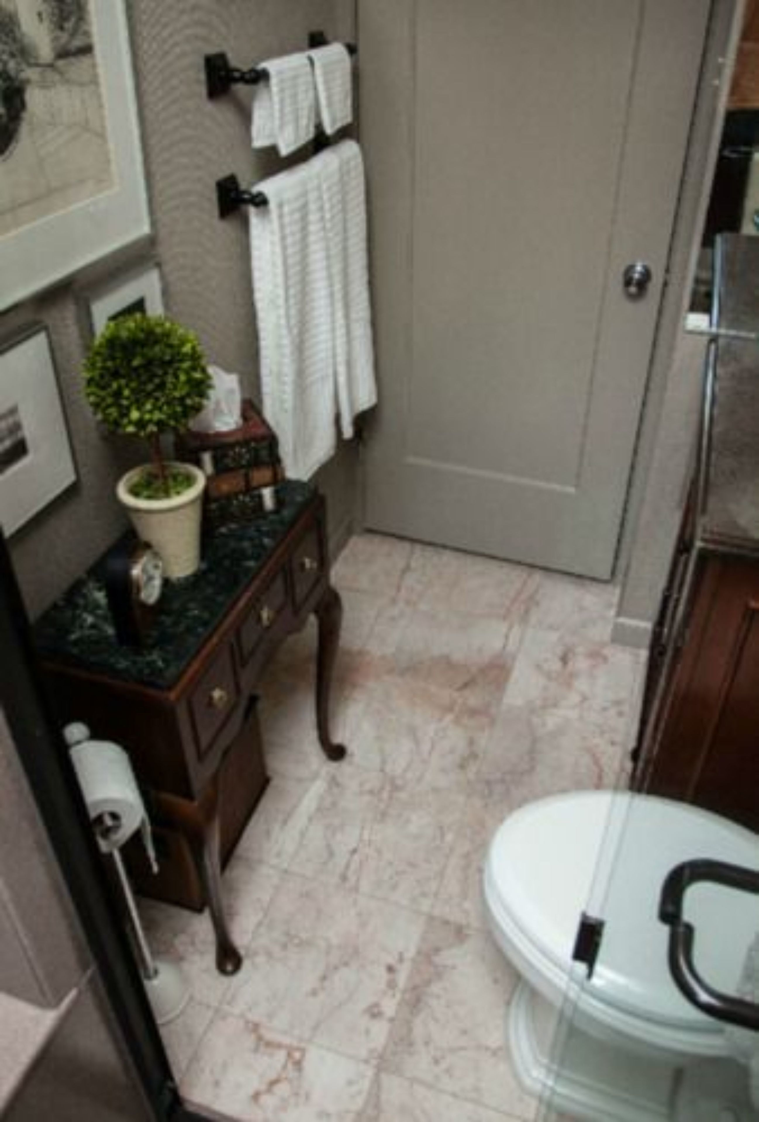 A bathroom with a marble floor, a white toilet, a wooden vanity with a plant, and a framed picture on the wall.