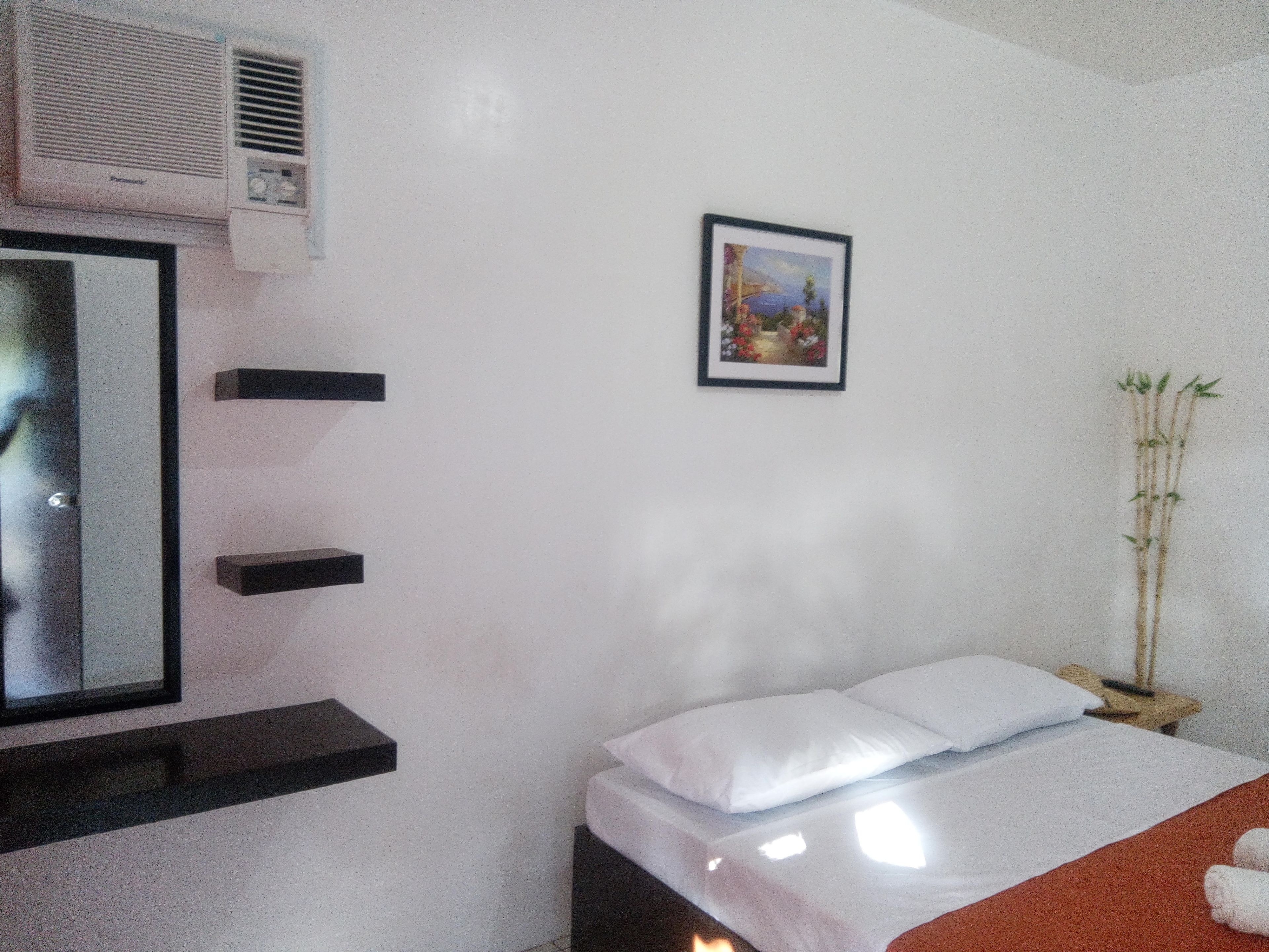Quarto de hotel com cama, televisão montada, aparelho de ar condicionado, quadro pendurado na parede e uma pequena planta.