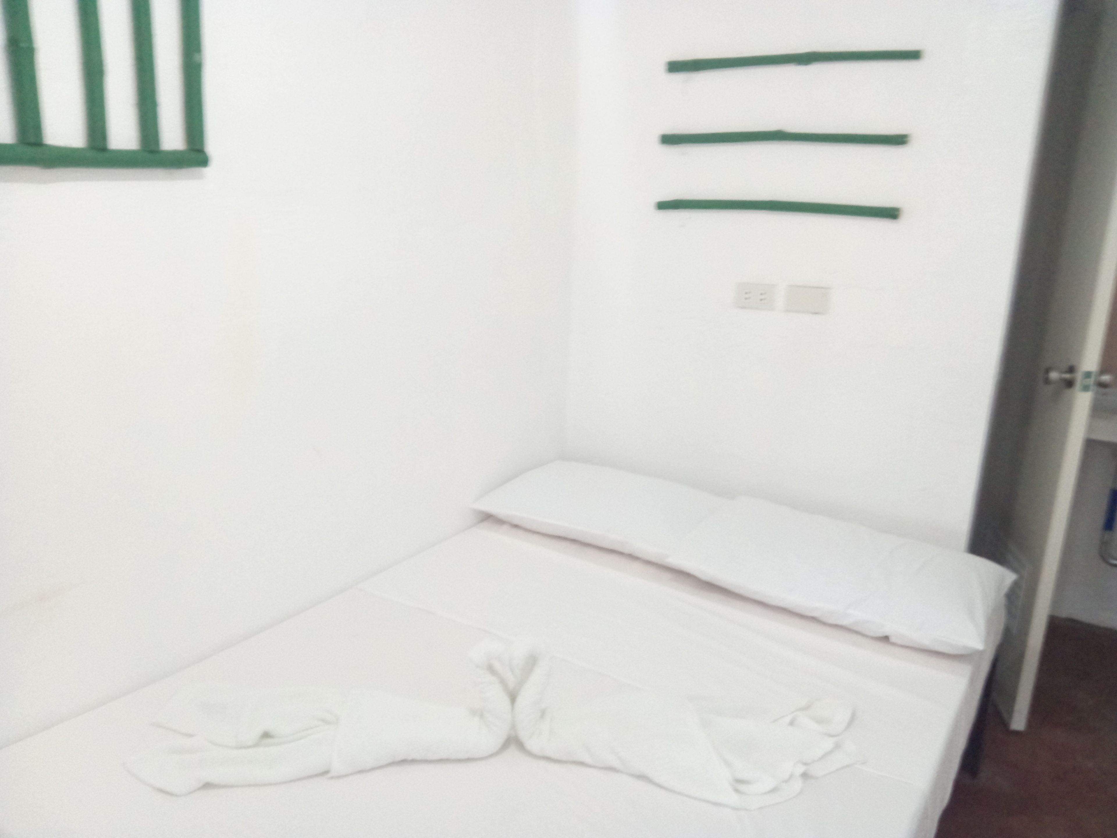 Une petite chambre avec un lit simple, un matelas blanc et un oreiller. Il y a trois porte-serviettes verts accrochés au mur.
