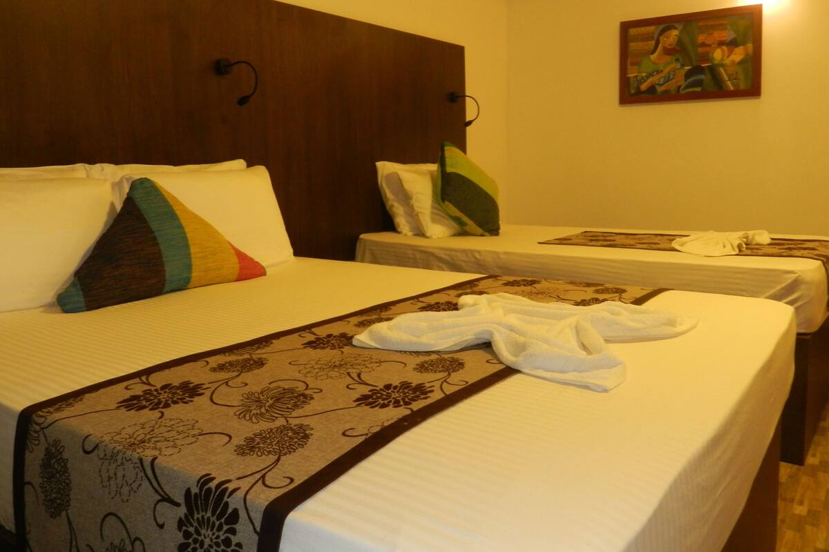 Habitación de hotel con dos camas, cada una con una almohada y una manta. Hay un cuadro en la pared y un teléfono en la mesita de noche.