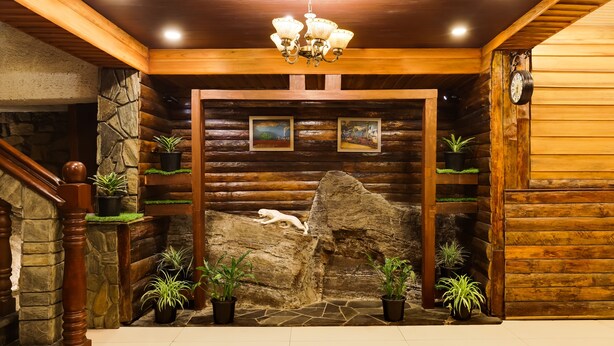 A log cabin interior with a stone fireplace, wooden beams, and potted plants. - Summit Hermon Hotel & Spa (Darjeeling)