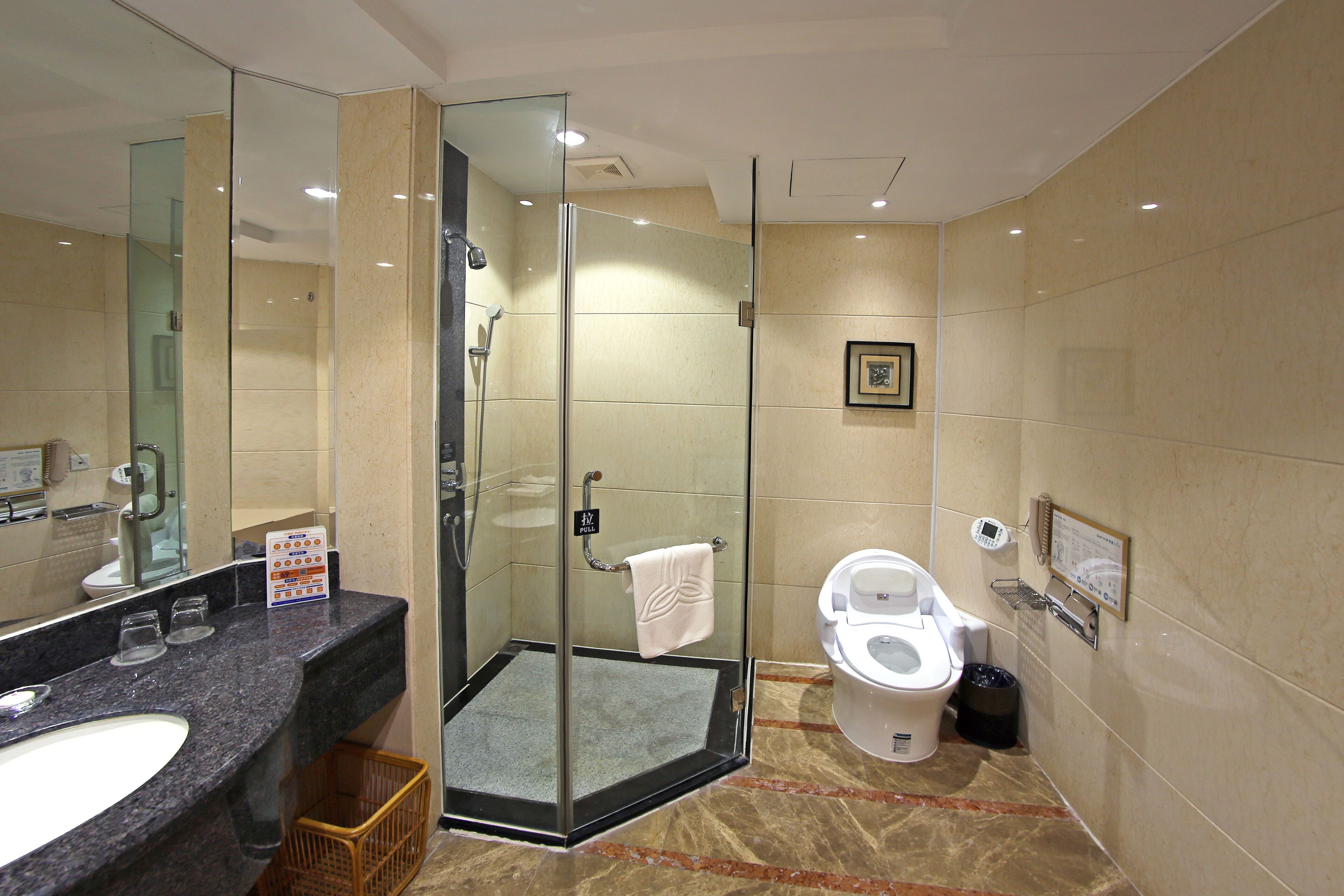 A modern bathroom with a glass-enclosed shower, a separate toilet, and a large mirror.