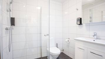 A modern bathroom with a glass shower enclosure, a white toilet, and a vanity with a sink and mirror.