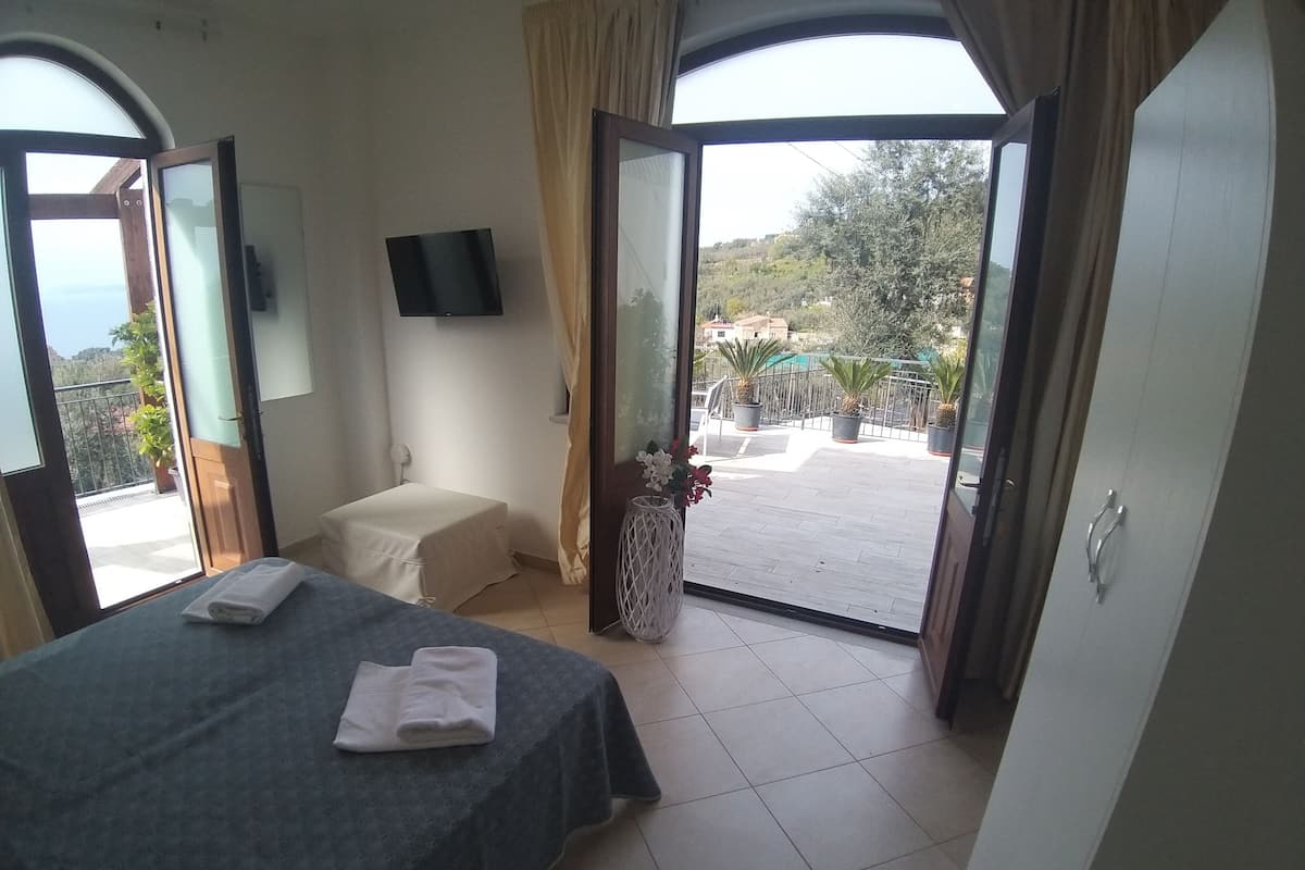 Habitación de hotel con cama, televisor, una mesita y vistas a un balcón con plantas en macetas.