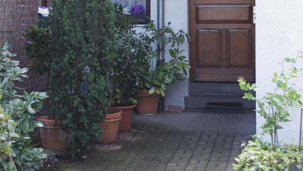 A brick building with a wooden door and window, surrounded by potted plants. - Hotel Jägerhof (Ratingen)