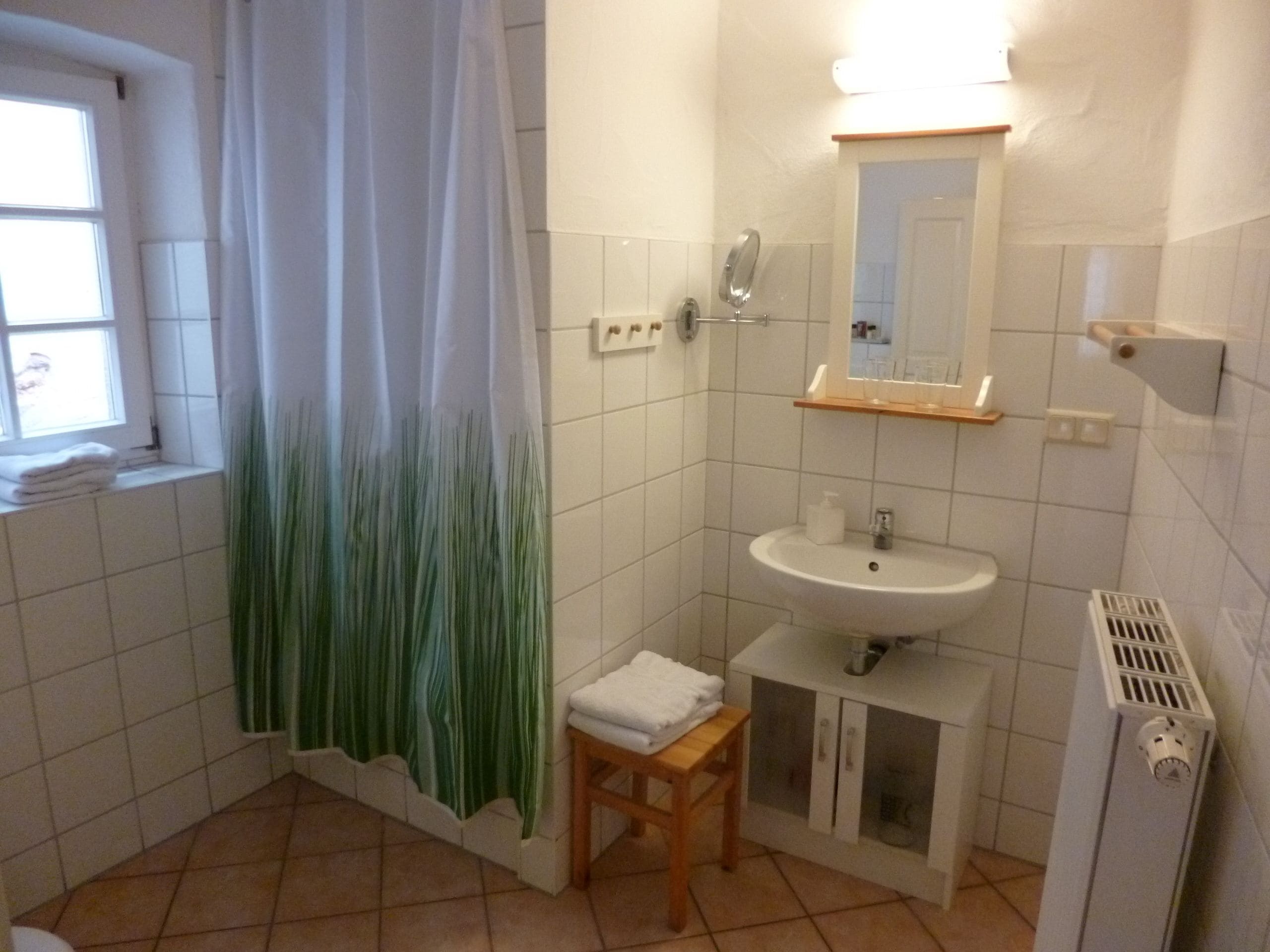 Ein Badezimmer mit Duschvorhang, Waschbecken, Spiegel und Heizkörper.