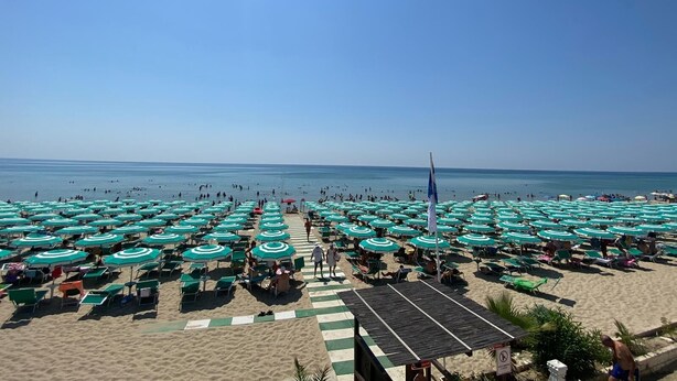 A beach with numerous green umbrellas and lounge chairs, a clear sky, and the ocean in the background. - Jonio Vacanze Residence (Castellaneta)