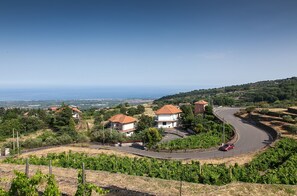 A coastal village with terraced vineyards, houses with red-tiled roofs, and a winding road. - Etnella enoagriturismo Notti Stellate (Mascali)