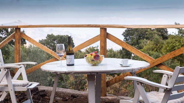 A round table with a bottle of wine, a glass, and a bowl of fruit. - Etnella enoagriturismo Notti Stellate (Mascali)