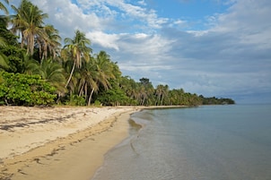 Beach nearby, white sand, sun loungers, snorkeling