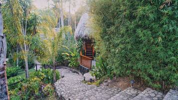 A thatched-roof structure with a wooden door, surrounded by dense green foliage and a stone pathway.