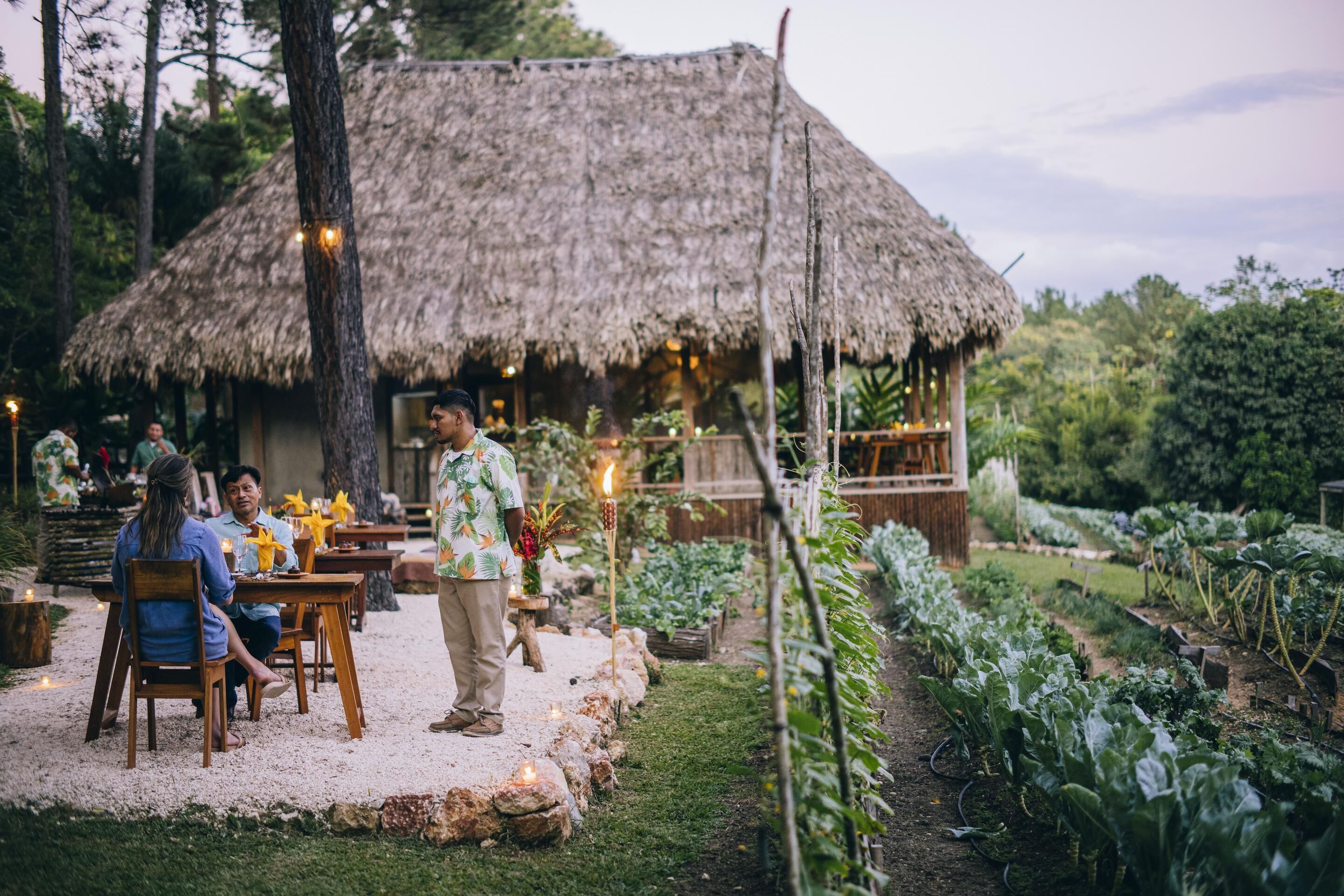 Un área de comedor al aire libre de estilo rústico con construcciones de techo de paja, mesas y sillas de madera.