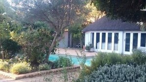 A house with a pool, surrounded by lush greenery and trees.