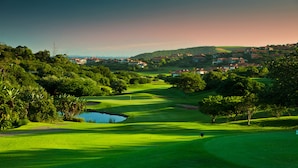 Um campo de golfe com lagoa, árvores e casas ao fundo.