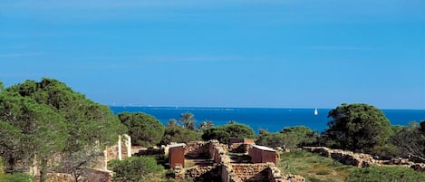 An ancient stone structure with ruins and trees, overlooking a clear blue sea.