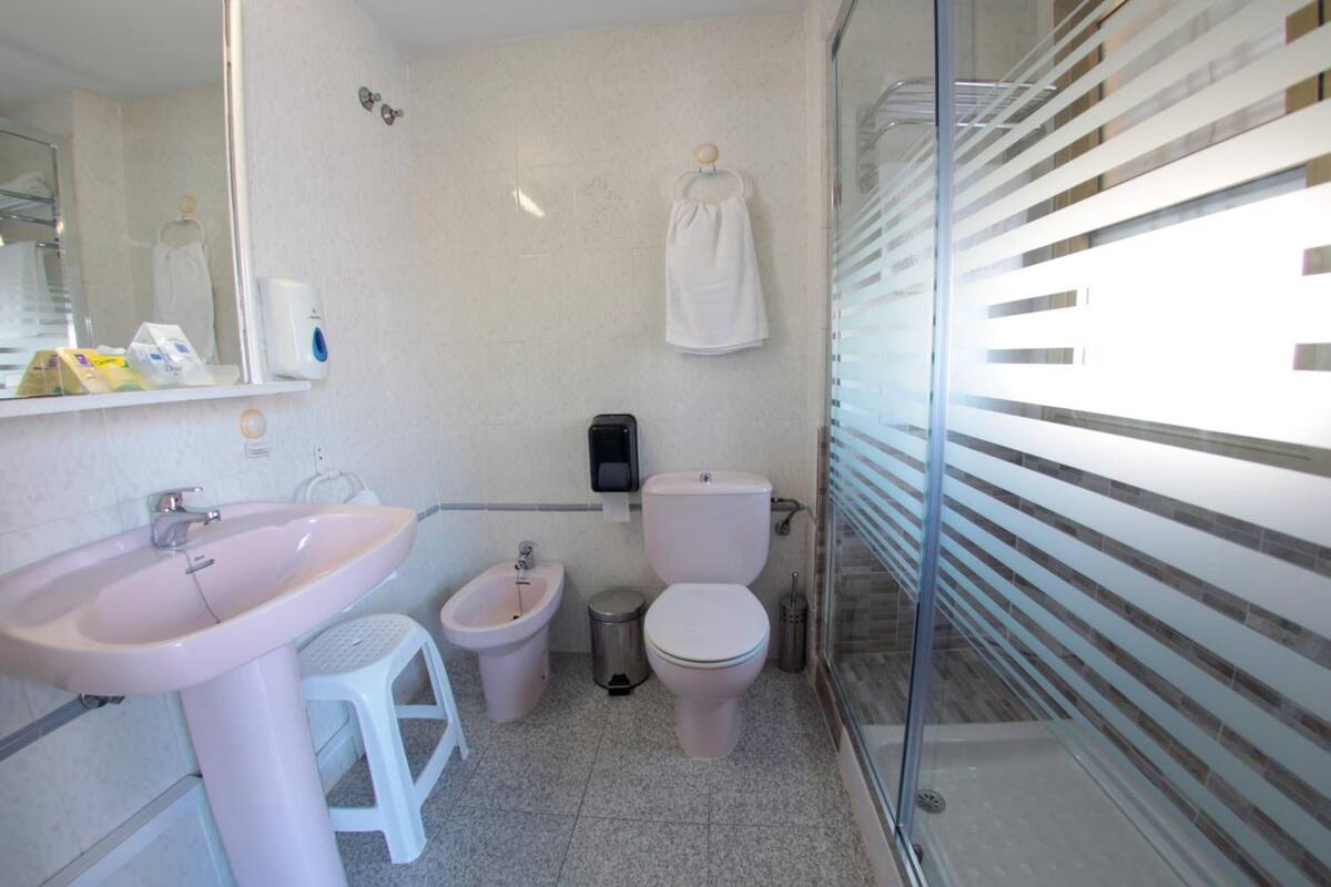 free toiletries, hair dryer, bidet, towels