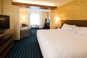 Habitación de hotel con una cama grande, televisor, escritorio y silla.