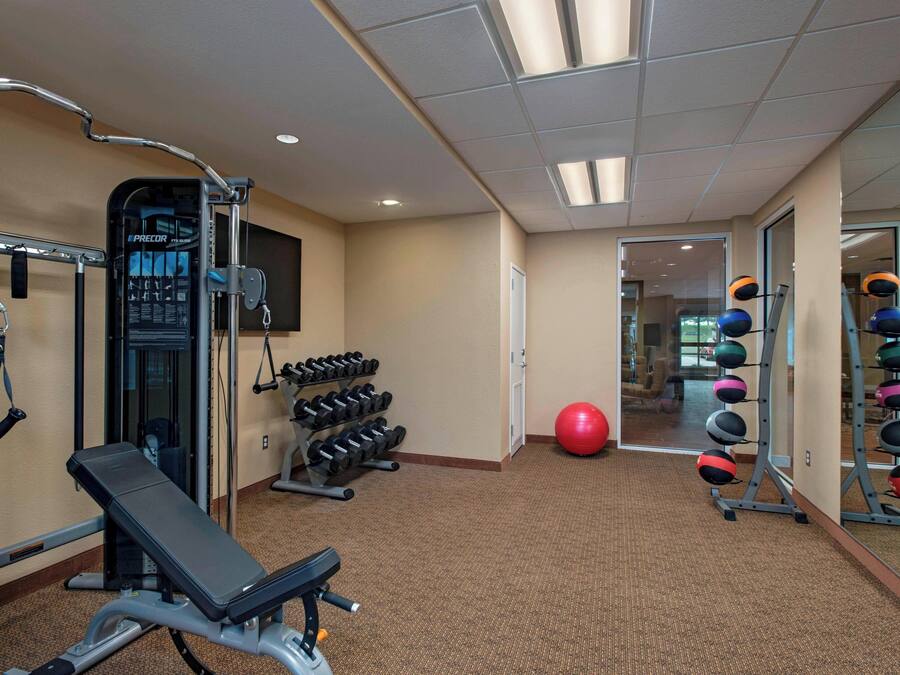 A gym with exercise equipment, a bench, dumbbells, and a red exercise ball.