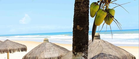 Na praia, guarda-sóis, toalhas de praia 